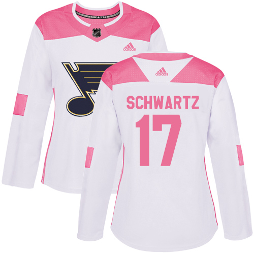 Adidas Blues #17 Jaden Schwartz White/Pink Authentic Fashion Women's Stitched NHL Jersey - Click Image to Close